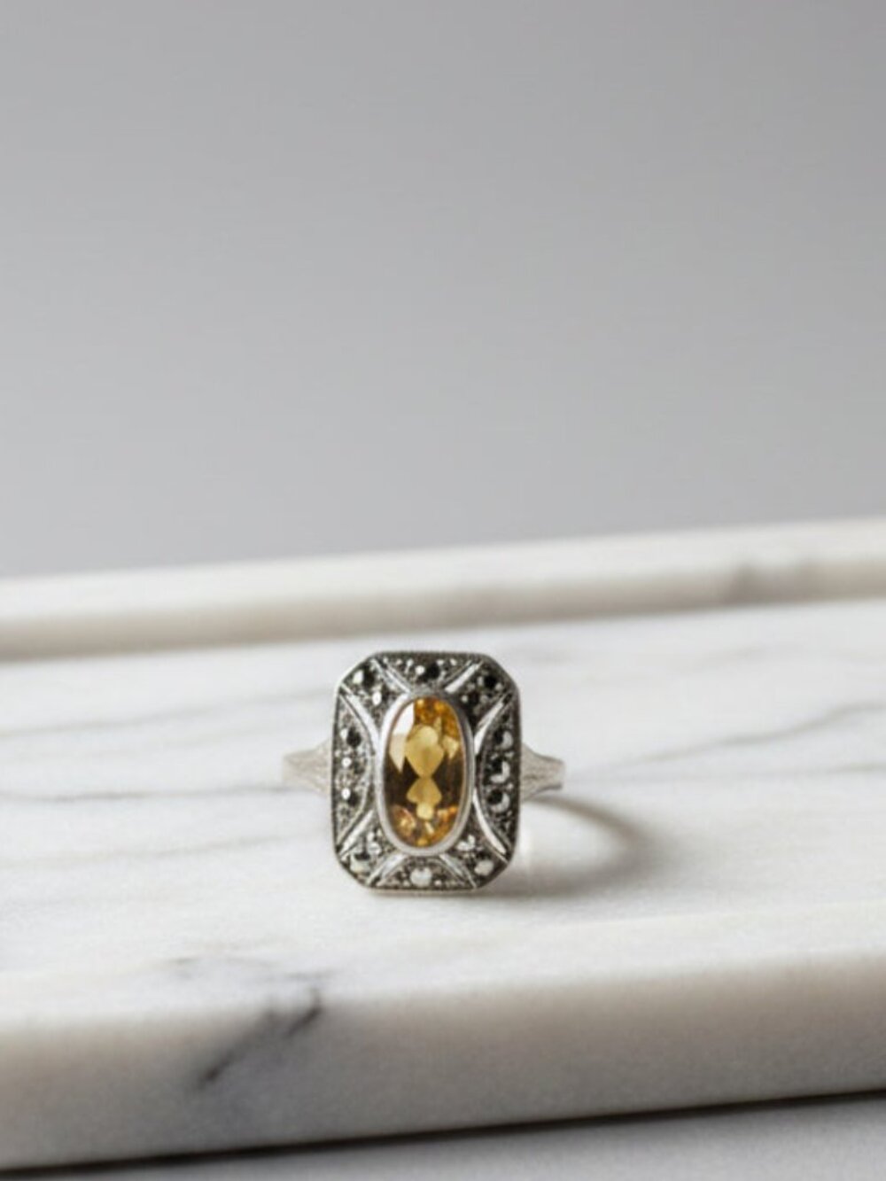 Vintage S.M. Adams Art Deco 925 Silver Citrine Marcasite Cocktail Ring Size 6.75